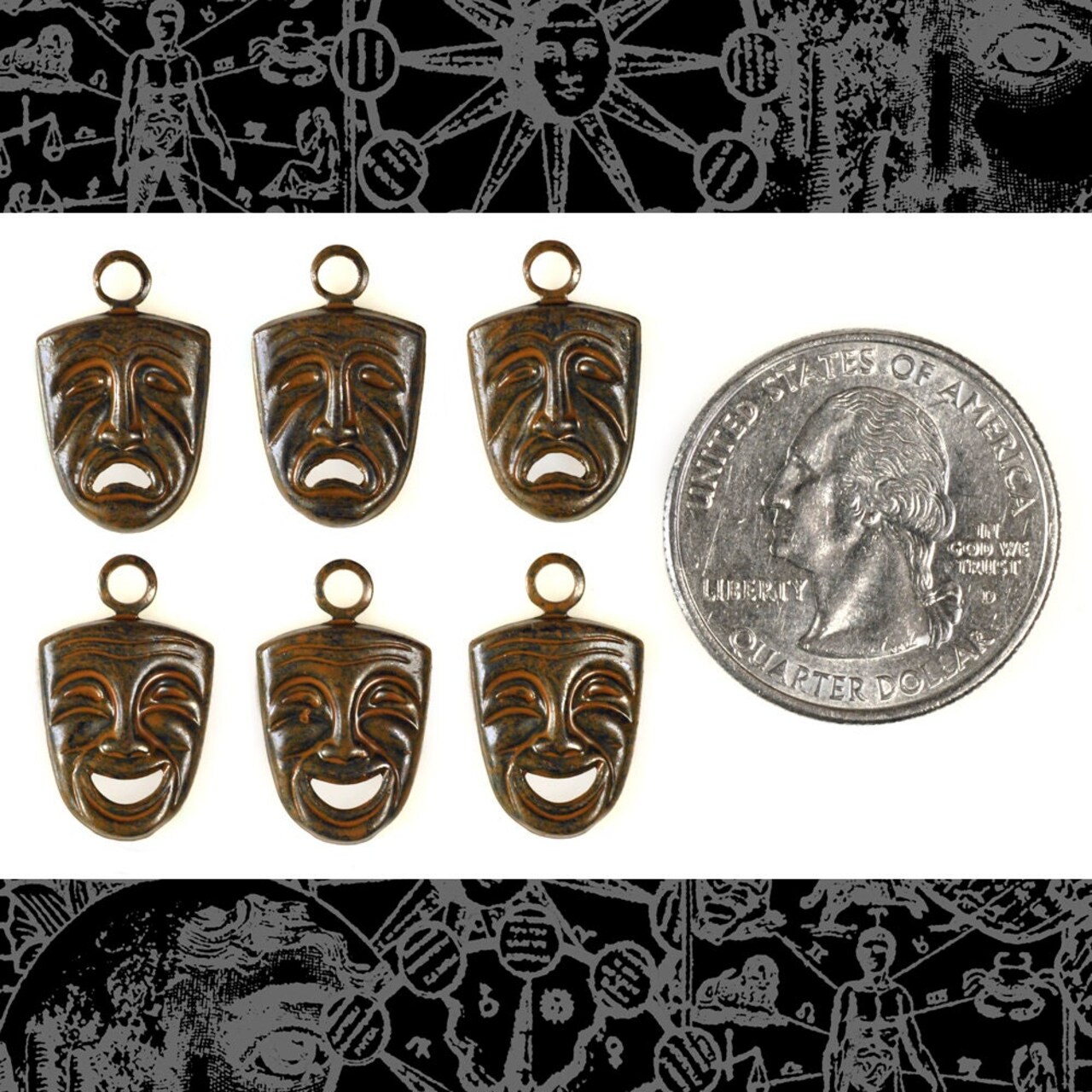 Chocolate Brown Plated Brass Drama Mask Charms Set of Six Three Happy Three Sad - RB-C182